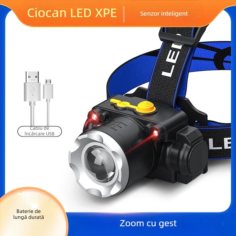 Frontala LED pentru cap T6 cu zoom reglabil, încărcare USB, 10W și baterie 1200mAh, rotație la 360°, rază 100–200m