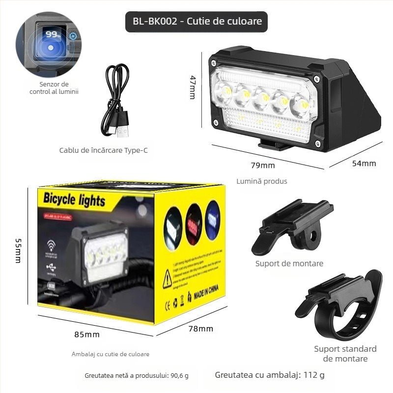 Shark Dragon lumină frontală pentru bicicletă – senzor de lumină inteligent, USB reîncărcabil, afișaj digital, pentru ciclism nocturn pe drumuri și munți