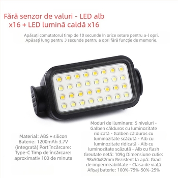 Frontala cu LED COB, încărcare USB, 30W, baterie 1200mAh, rază 200–500 m, pentru camping și activități în aer liber