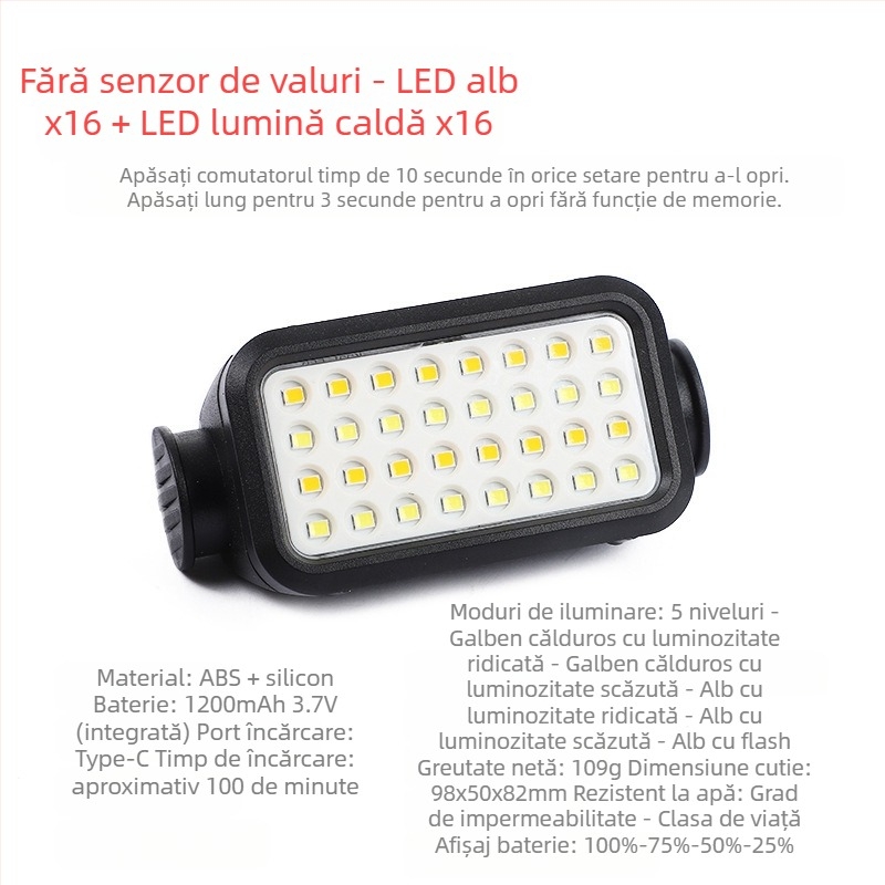 Frontala cu LED COB, încărcare USB, 30W, baterie 1200mAh, rază 200–500 m, pentru camping și activități în aer liber