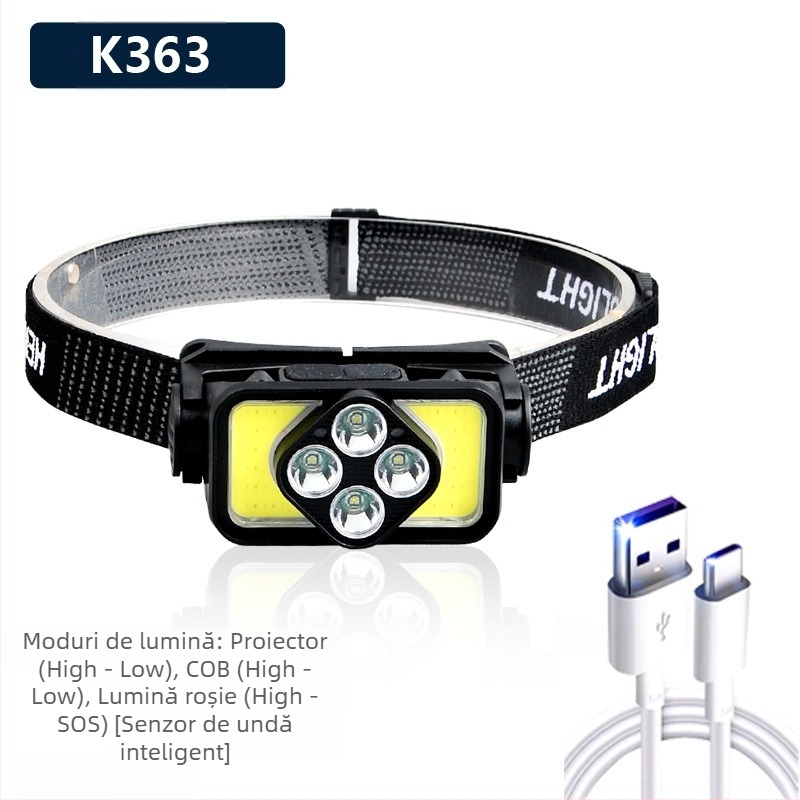 Frontala cu LED COB, încărcare USB, 30W, baterie 1200mAh, rază 200–500 m, pentru camping și activități în aer liber