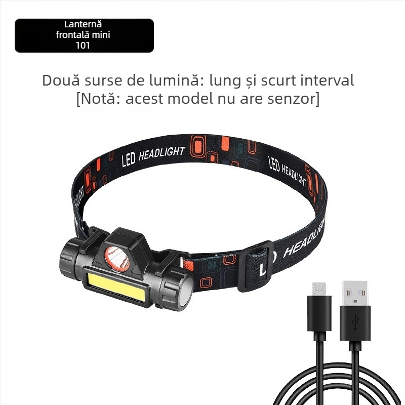 Frontala cu LED COB, încărcare USB, 30W, baterie 1200mAh, rază 200–500 m, pentru camping și activități în aer liber