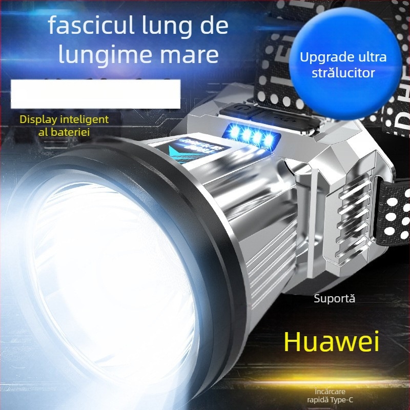 Far LED cu Type-C reîncărcabil pentru pescuit noaptea și camping — 10W, 1200mAh, montură pe cap, fascicul 200–500 m