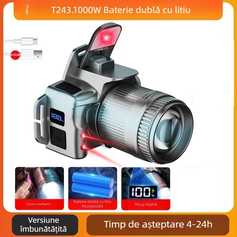 Far LED cu Type-C reîncărcabil pentru pescuit noaptea și camping — 10W, 1200mAh, montură pe cap, fascicul 200–500 m