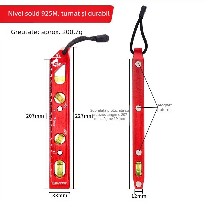Nivel cu magnet puternic, carcasă turnată, 4 baloane cu bule, pentru montajul conductelor