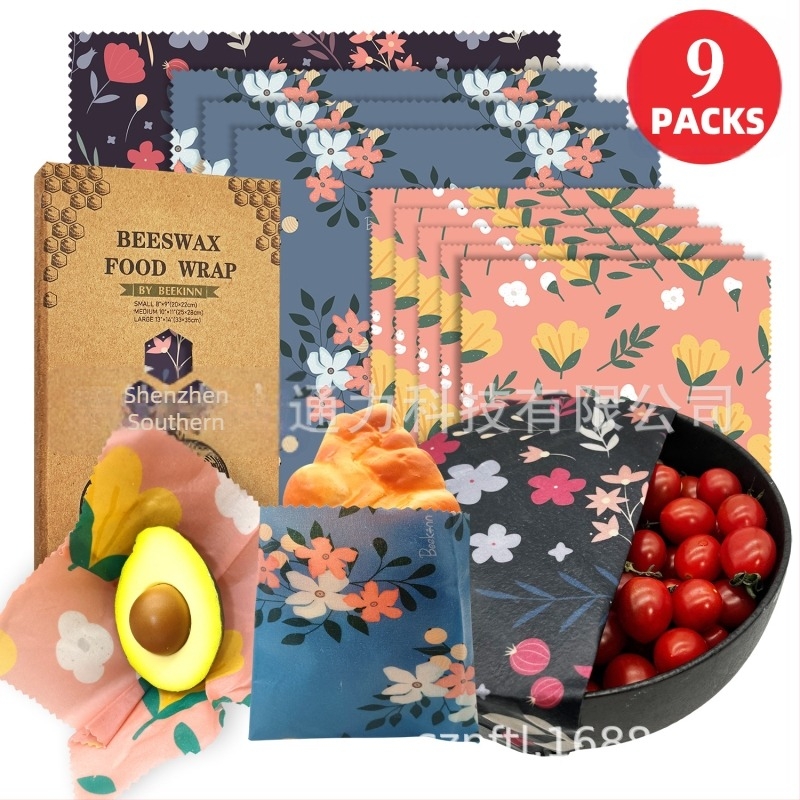 Beekinn învelișuri din ceară de albine pentru alimente, set de 9 bucăți, țesătură cu acoperire din ceară, de calitate alimentară, ambalaj din hârtie