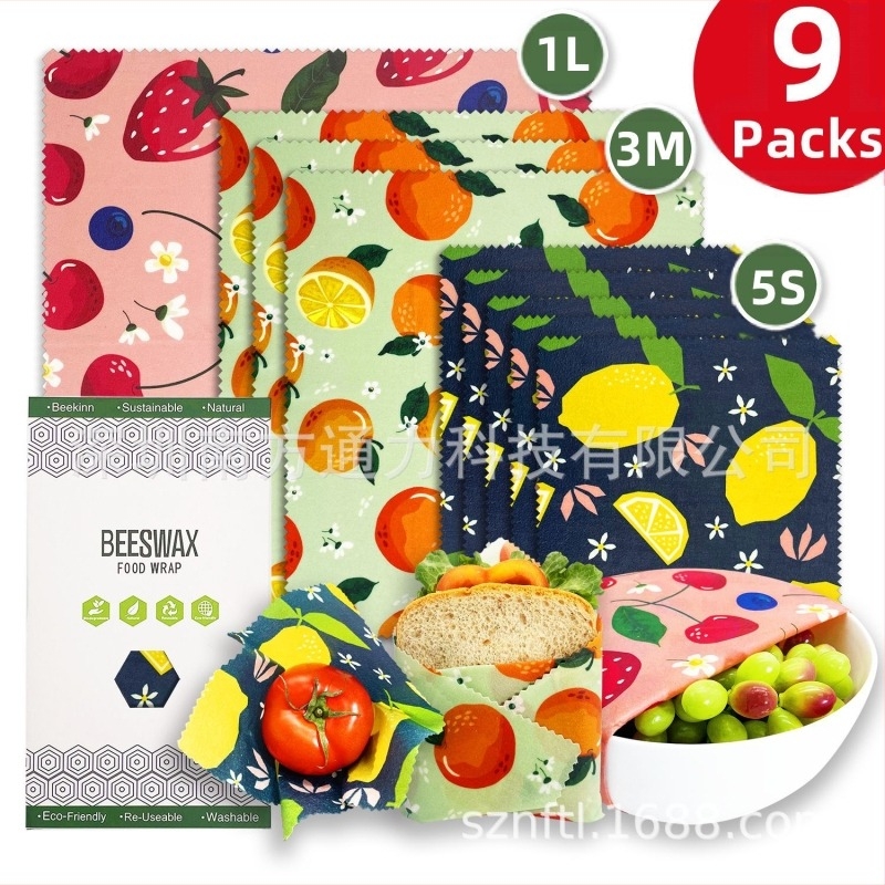 Beekinn învelișuri din ceară de albine pentru alimente, set de 9 bucăți, țesătură cu acoperire din ceară, de calitate alimentară, ambalaj din hârtie