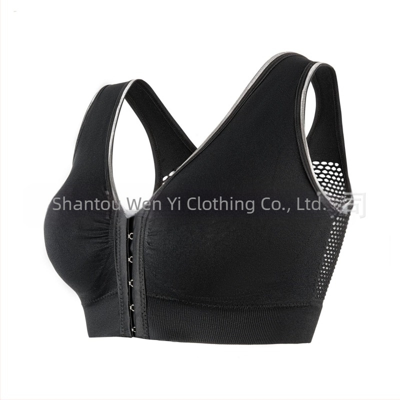 Sutien fără arc, cu închidere frontală, spate decupat, respirabil și confortabil; cupă 3/4 cu burete; material principal: nylon cu 50–70% elastan; căptușeală elastan 30–50%