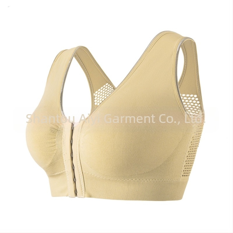 Sutien fără arc, cu închidere frontală, spate decupat, respirabil și confortabil; cupă 3/4 cu burete; material principal: nylon cu 50–70% elastan; căptușeală elastan 30–50%