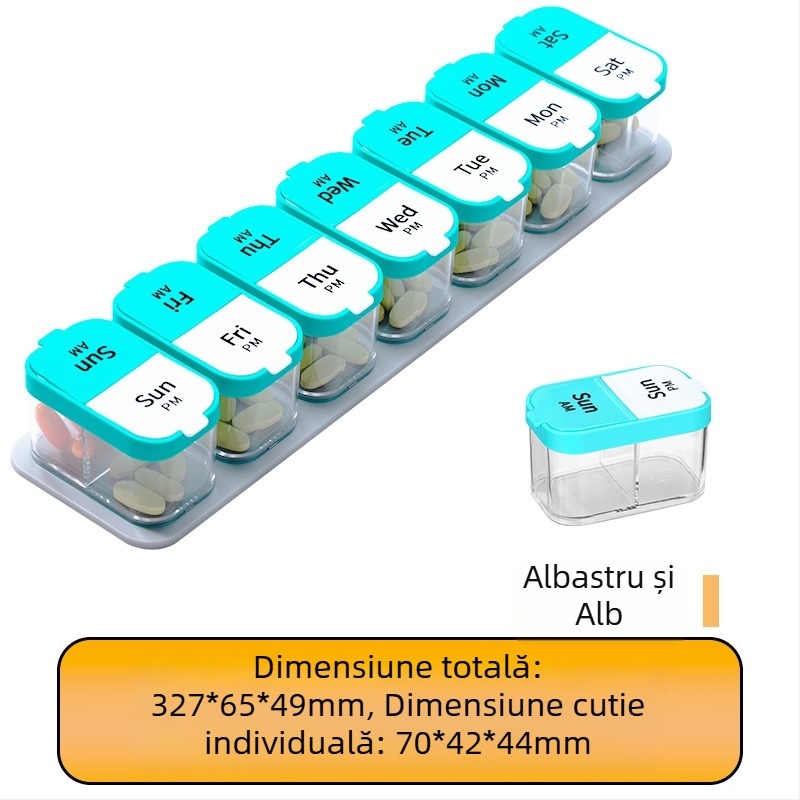 Organizator de medicamente pentru șapte zile, 14 compartimente, din plastic alimentar, capacitate mare, cutie colorată pentru acasă