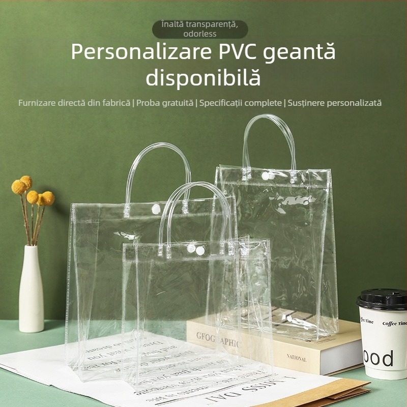 Geantă transparentă din PVC, brand Kemi, strat dublu personalizabil, geantă tote pentru ambalarea cadourilor și a cosmeticelor, personalizarea logo-ului