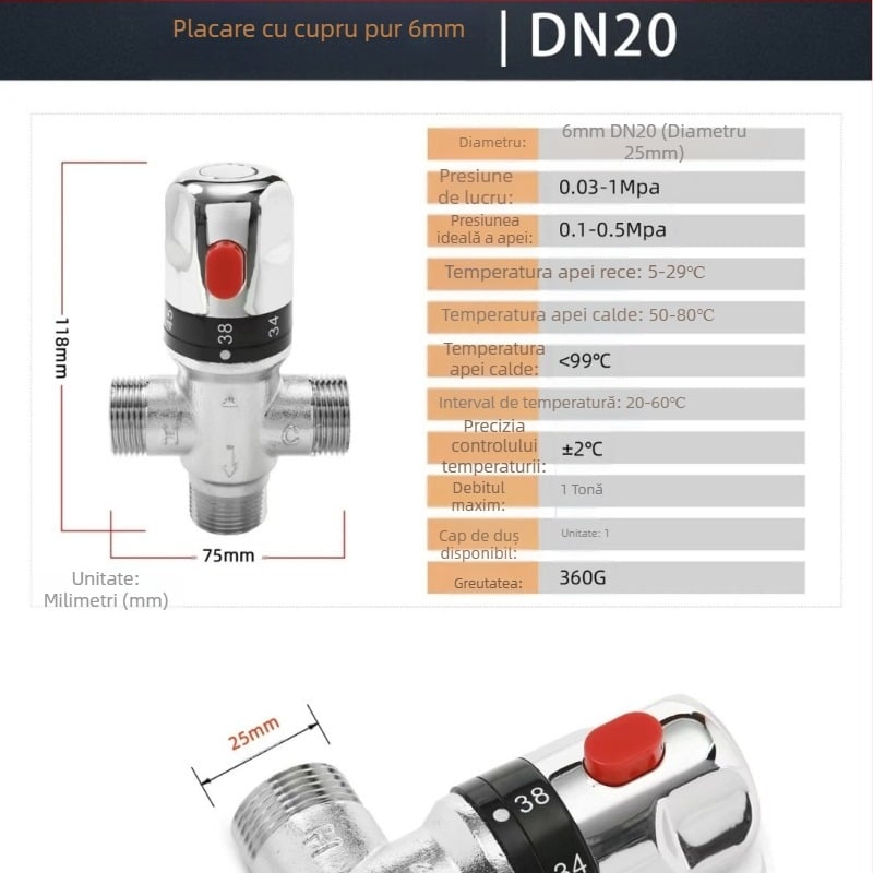 Valvă de amestec termostatică din alamă pentru bucătărie și baie, ieșire G1/2, 0,1–1 MPa, apă rece 0–30°C, apă caldă 45–80°C