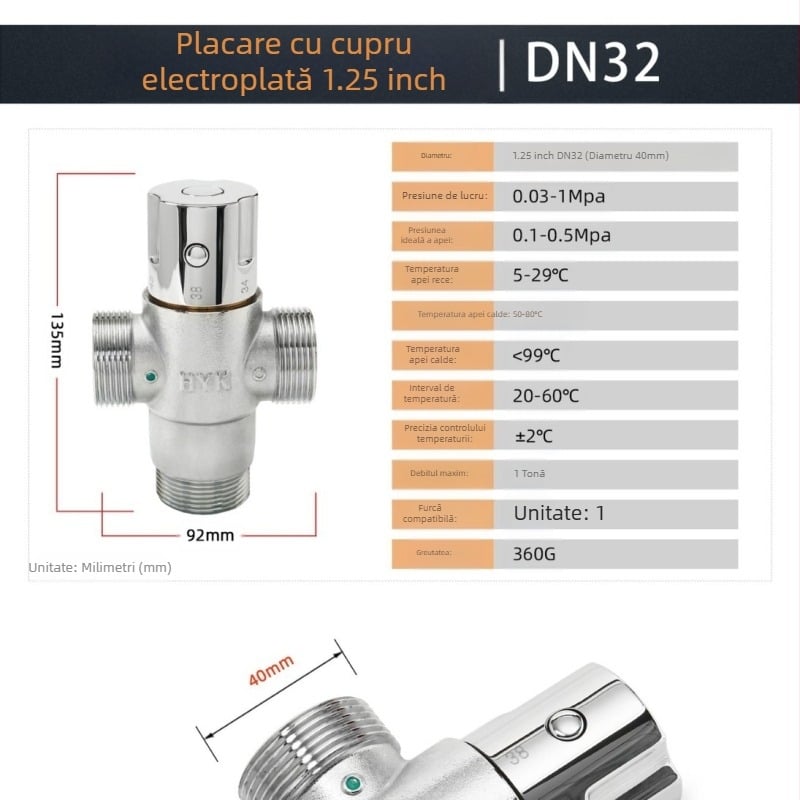 Valvă de amestec termostatică din alamă pentru bucătărie și baie, ieșire G1/2, 0,1–1 MPa, apă rece 0–30°C, apă caldă 45–80°C