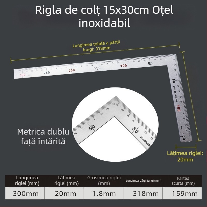 Riglă unghiulară în formă de L, din oțel cu carbon înalt, pentru măsurarea unghiurilor, precizie 1 mm, personalizabilă