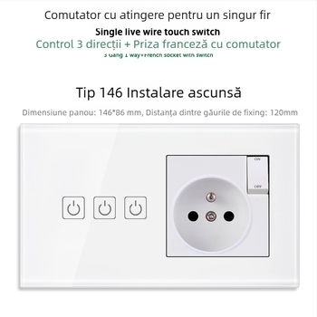 Panou tactil tip 146 cu 1/2/3 întrerupătoare, prize USB dual standard francez, montaj în perete, 16A