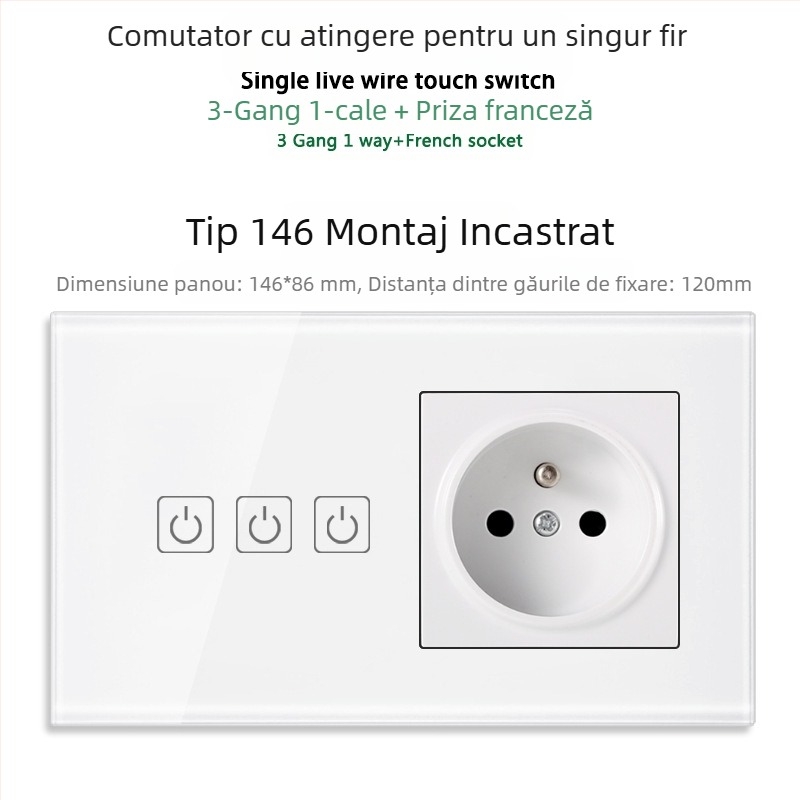 Panou tactil tip 146 cu 1/2/3 întrerupătoare, prize USB dual standard francez, montaj în perete, 16A