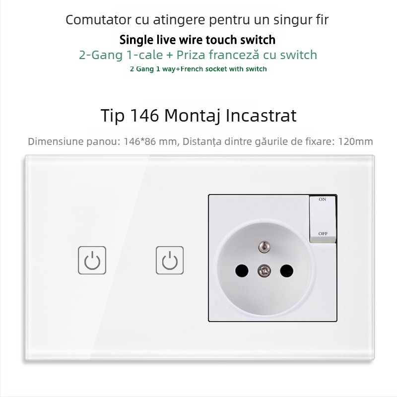 Panou tactil tip 146 cu 1/2/3 întrerupătoare, prize USB dual standard francez, montaj în perete, 16A