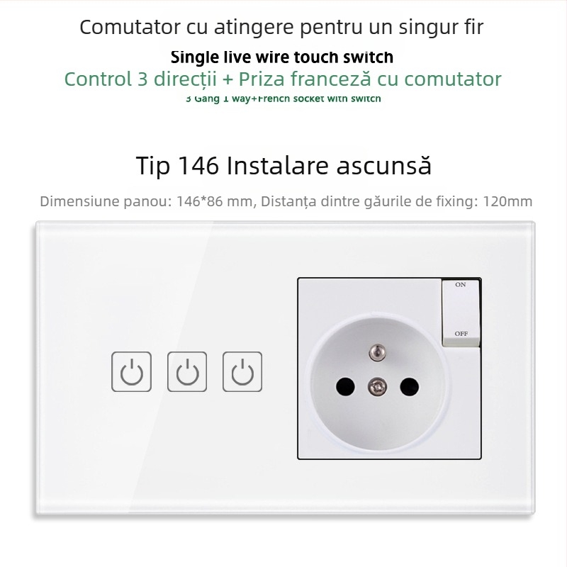 Panou tactil tip 146 cu 1/2/3 întrerupătoare, prize USB dual standard francez, montaj în perete, 16A