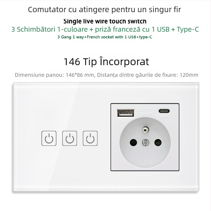 Panou tactil tip 146 cu 1/2/3 întrerupătoare, prize USB dual standard francez, montaj în perete, 16A