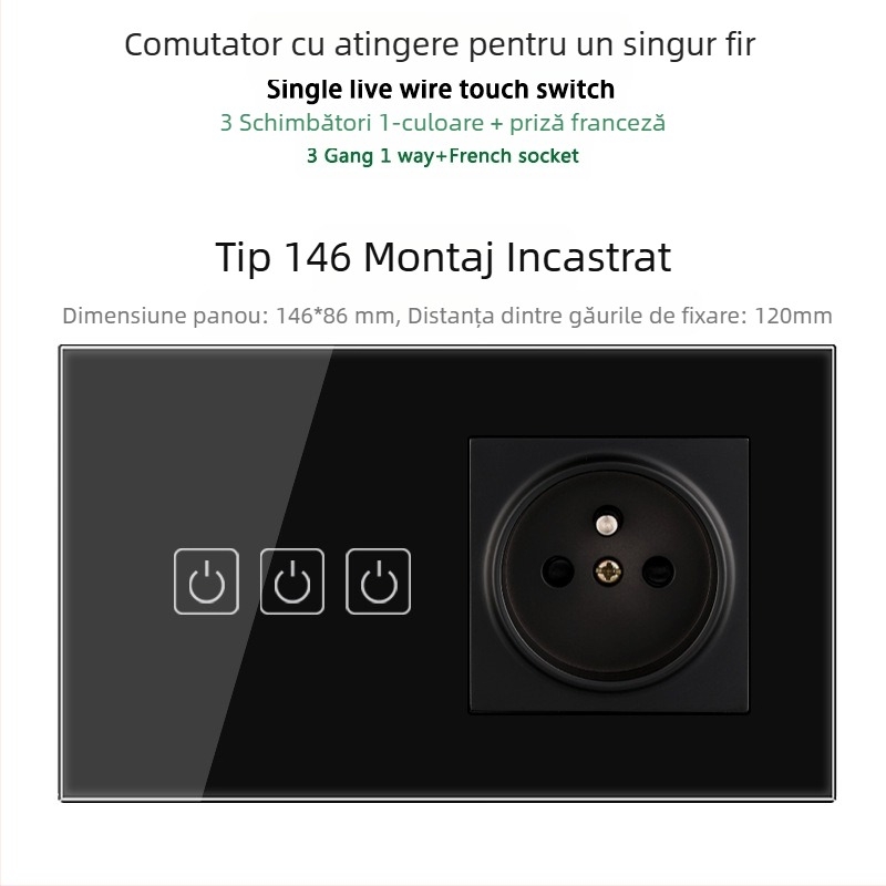 Panou tactil tip 146 cu 1/2/3 întrerupătoare, prize USB dual standard francez, montaj în perete, 16A