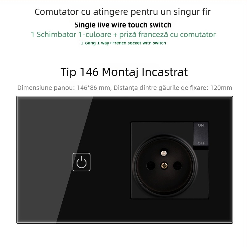 Panou tactil tip 146 cu 1/2/3 întrerupătoare, prize USB dual standard francez, montaj în perete, 16A
