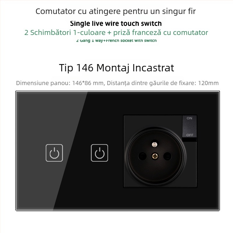 Panou tactil tip 146 cu 1/2/3 întrerupătoare, prize USB dual standard francez, montaj în perete, 16A