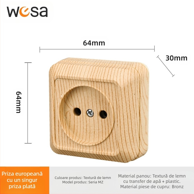 Priză de perete cu întrerupător, standard european, 10A, 100–250V, corp din alamă, CE