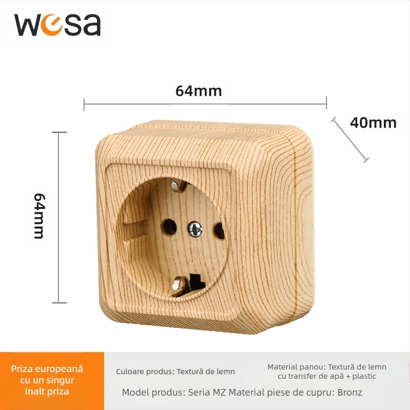 Priză de perete cu întrerupător, standard european, 10A, 100–250V, corp din alamă, CE