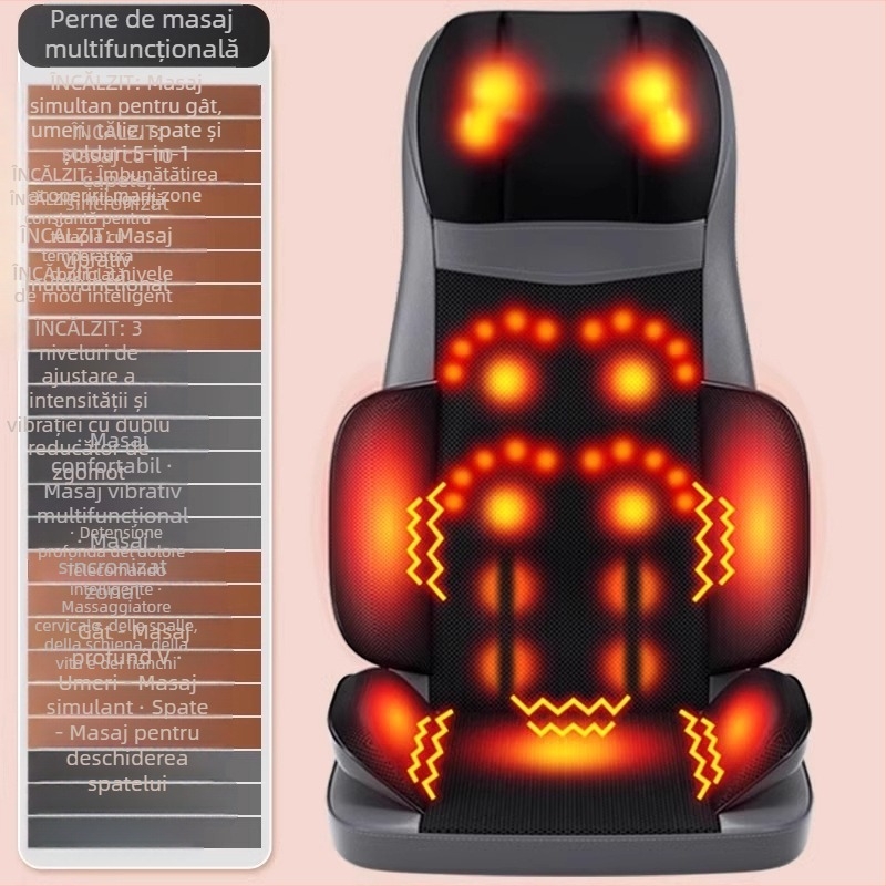 Perna de masaj pentru gât, spate și talie — masaj auto pentru scaun, 6+ capete, 3 niveluri, compresie caldă, alimentare AC