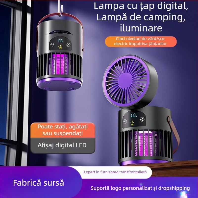 Ventilator de birou cu ucigaș de țânțari, 2 în 1 pentru camping în aer liber, baterie încorporată 2000–4000 mAh, 5V/5W, motor fără perii, 5 palete