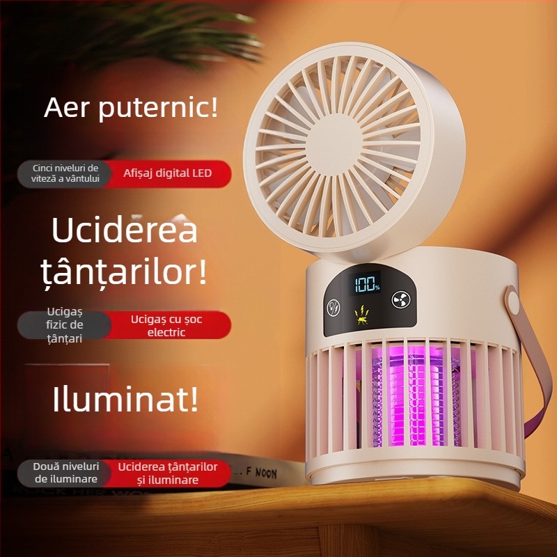 Ventilator de birou cu ucigaș de țânțari, 2 în 1 pentru camping în aer liber, baterie încorporată 2000–4000 mAh, 5V/5W, motor fără perii, 5 palete