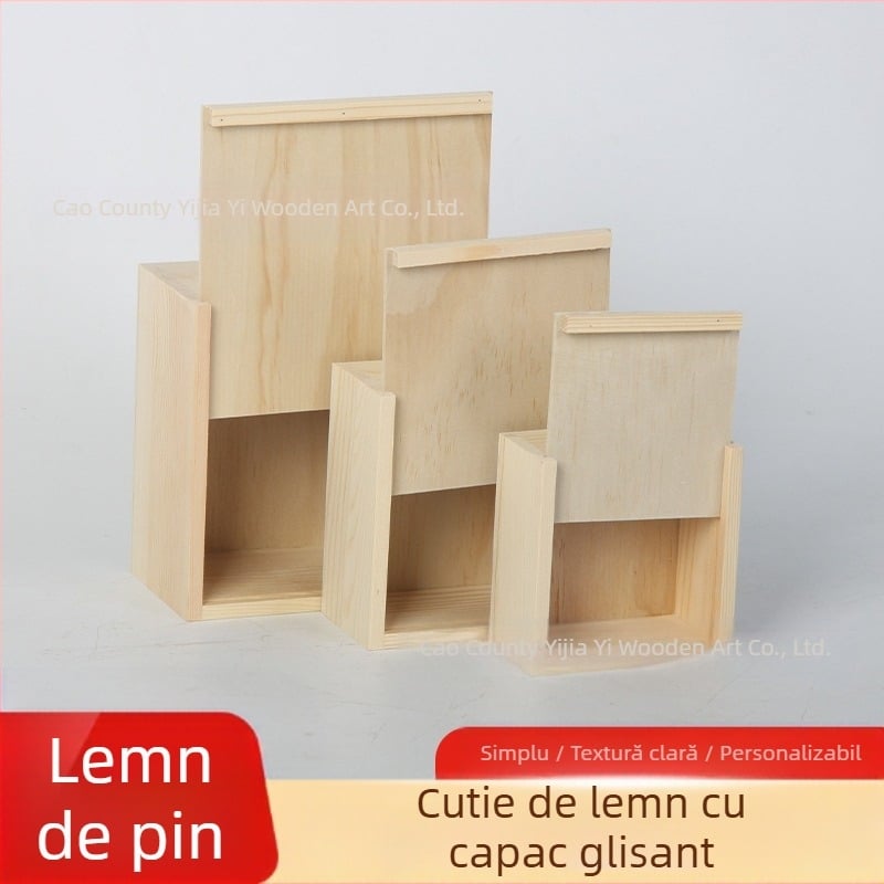 Cutie pătrată din lemn cu capac glisant pentru bijuterii și ceasuri – lemn natural, imprimare logo disponibil