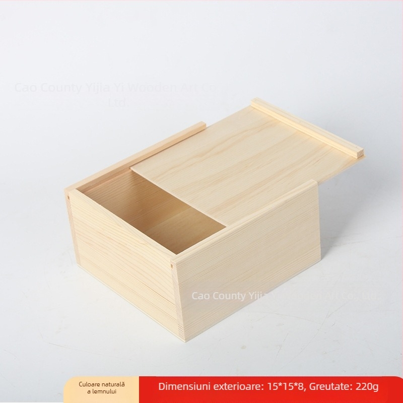 Cutie pătrată din lemn cu capac glisant pentru bijuterii și ceasuri – lemn natural, imprimare logo disponibil