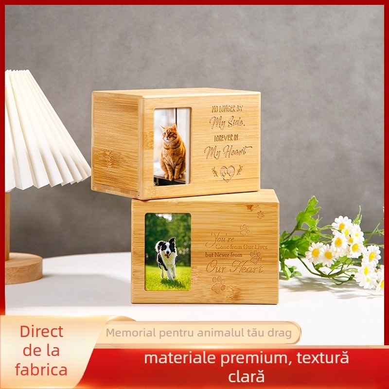 Urnă pentru animale de companie, cutie din lemn pentru incinerare câine, lemn natural, proces de sculptură, tapițerie interioară personalizabilă, sigla personalizabilă