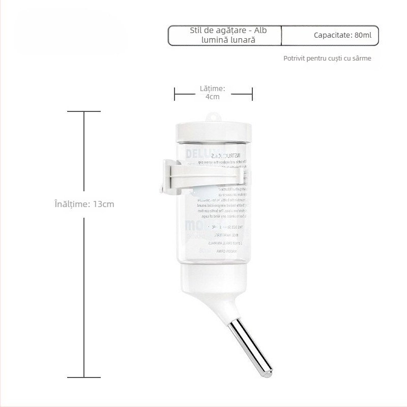 Sticlă de apă pentru hamster cu mecanism cu bilă și suport suspendat, din plastic, 100 g