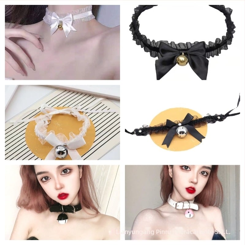 Colier choker din dantelă cu clopoțel, formă fundă, perle artificiale, stil desen animat