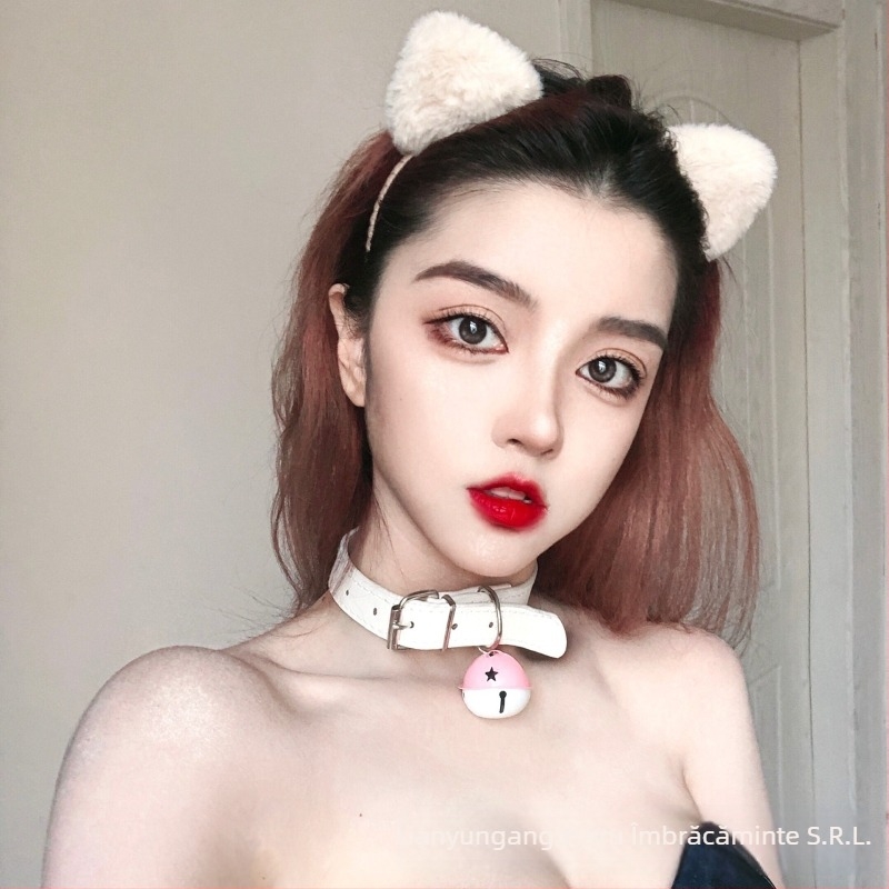 Colier choker din dantelă cu clopoțel, formă fundă, perle artificiale, stil desen animat