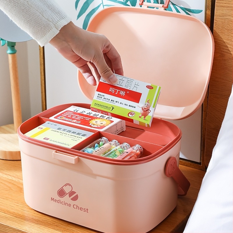 Cutie portabilă pentru medicamente, cu două compartimente, mâner din plastic, imprimare de logo disponibilă