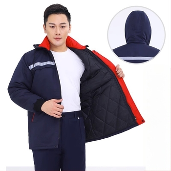 Costum de lucru de iarnă cu multiple buzunare, căptușeală din fleece, benzi reflectorizante pentru protecție împotriva frigului la lucru în fabrică