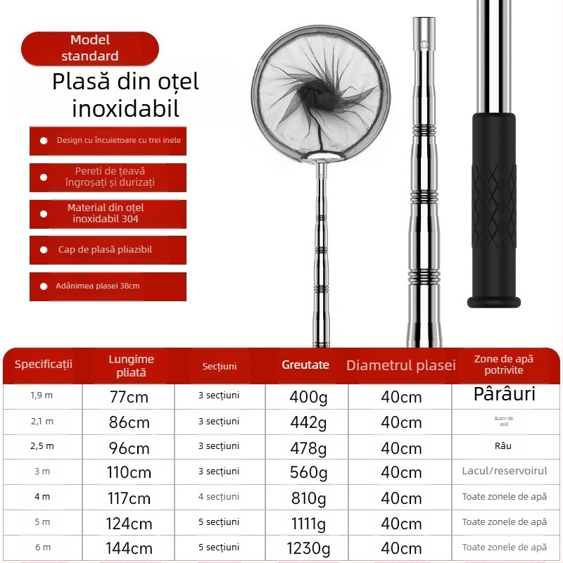 Tijă telescopică pentru plasă de pescuit din oțel inoxidabil cu articulație antiaderentă — set