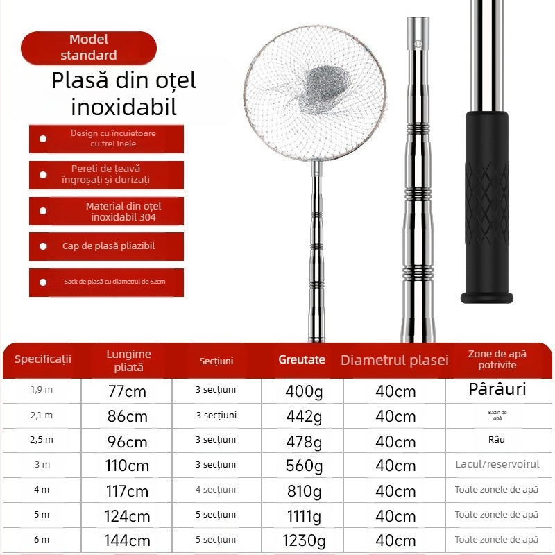 Tijă telescopică pentru plasă de pescuit din oțel inoxidabil cu articulație antiaderentă — set