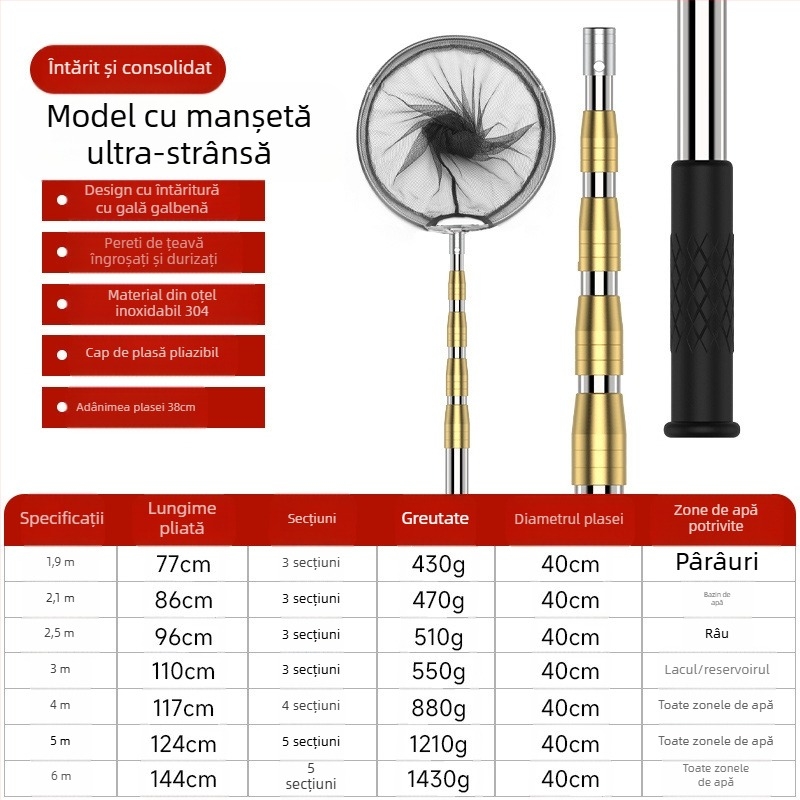 Tijă telescopică pentru plasă de pescuit din oțel inoxidabil cu articulație antiaderentă — set