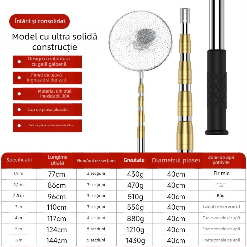 Tijă telescopică pentru plasă de pescuit din oțel inoxidabil cu articulație antiaderentă — set