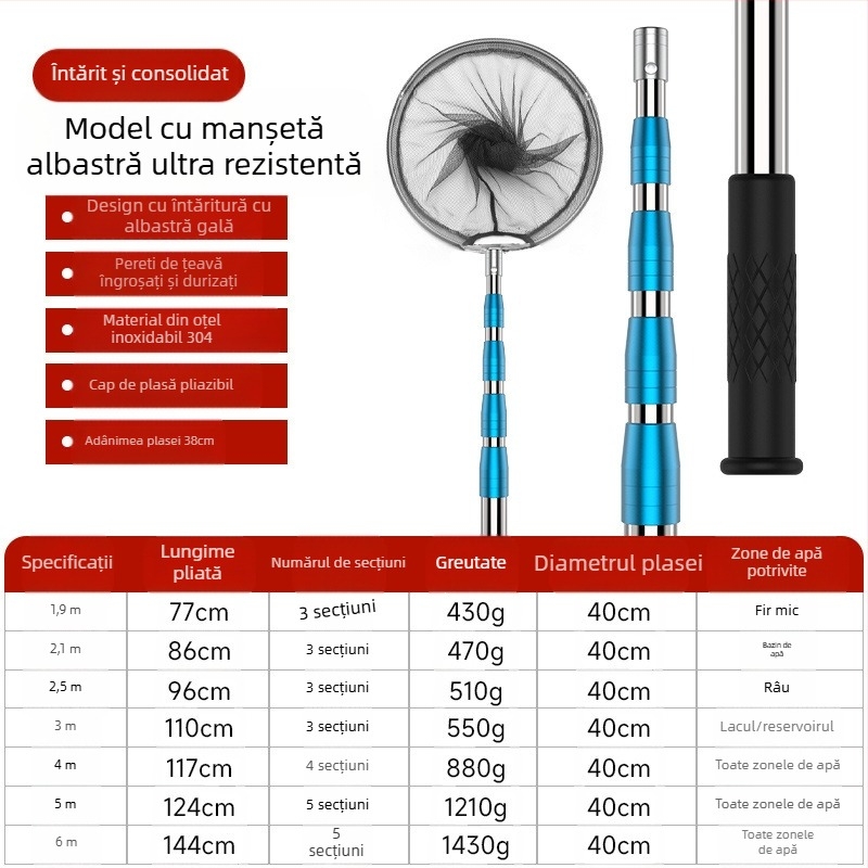 Tijă telescopică pentru plasă de pescuit din oțel inoxidabil cu articulație antiaderentă — set
