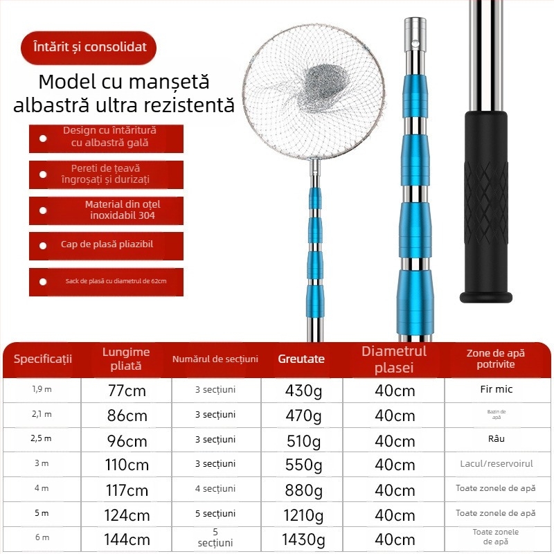 Tijă telescopică pentru plasă de pescuit din oțel inoxidabil cu articulație antiaderentă — set