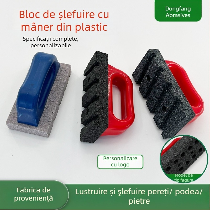 Bloc pentru șlefuire cu mâner din plastic, formă dreptunghiulară, materiale: carbid de siliciu și corund, granulații 24/36/46 sau 16–10000, pentru lustruirea marmurei