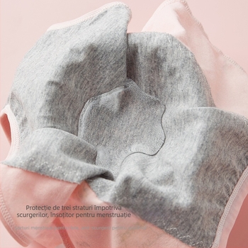 Chiloți menstrual pentru fete, țesătură principală 95% bumbac, căptușeală în zona inghinală 100% bumbac, protecție anti-scurgeri din trei straturi