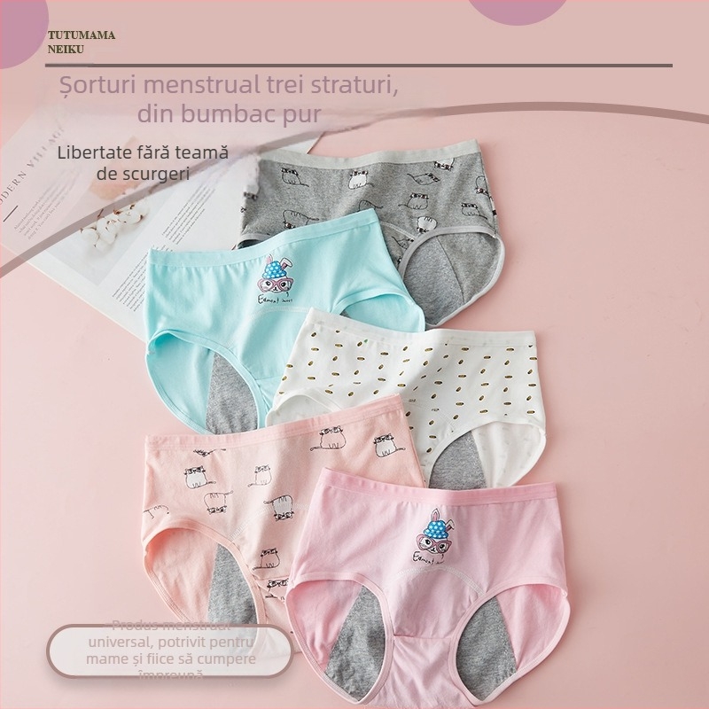 Chiloți menstrual pentru fete, țesătură principală 95% bumbac, căptușeală în zona inghinală 100% bumbac, protecție anti-scurgeri din trei straturi