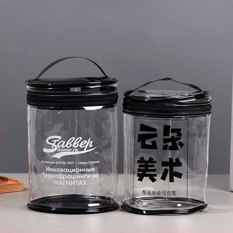 Geantă de ambalare transparentă din PVC, formă cilindrică, cu fermoar, pentru markere și creioane