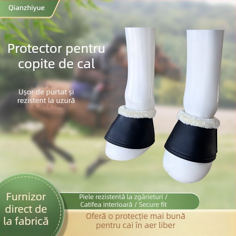 Capac protecție copitelor calului — absorbție șocuri, durabil, protejează încheietura; Material: PU piele imitata capră, cauciuc butilen, lână artificială; Personalizare disponibilă